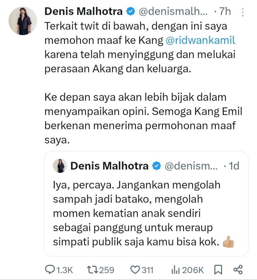 Warganet bernama Denis Malhotra akhirnya meminta maaf kepada calon gubernur (cagub) DKI Jakarta, M Ridwan Kamil.