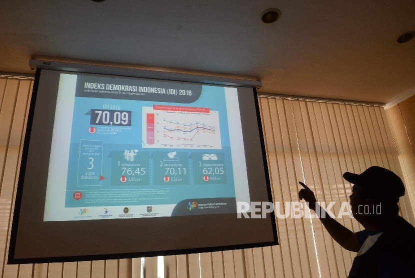 Indeks Demokrasi Indonesia (IDI) Provinsi Jawa Barat terus meningkat sejak 2018. Sempat berada di peringkat ke-31 di Indonesia, IDI Jabar saat ini berada di ranking 9. Wartawan mengamati layar Indeks Demokrasi Indonesia di kantor BPS, Jakarta, (ilustrasi)
