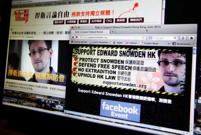 Website pendukung Edward Snowden, mantan karyawan CIA yang membocorkan dokumen-dokumen rahasia tentang program pengawasan AS, yang ditampilkan pada layar komputer di Hong Kong, Kamis (13/6). 