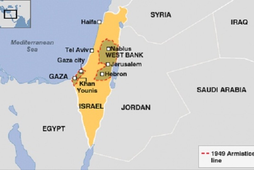 Wilayah Palestina kian menciut dan terus menciut. Yerusalem timur yang diharapkan menjadi ibu kota Palestina, kini kian dikepung dengan permukiman Yahudi. (peta)