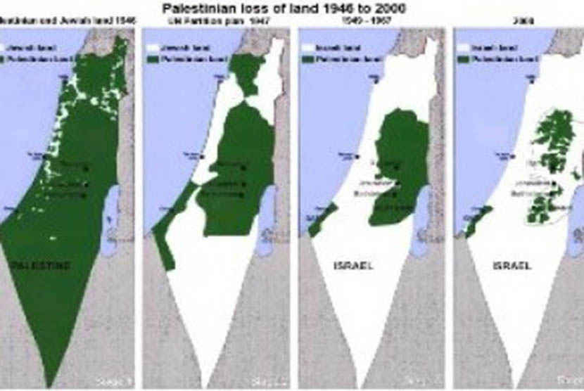 Wilayah Palestina sejak perampasan oleh Israel tahun 1946 terus berkurang. Hingga kini, wilayah Palestina hanya terbagi di Jalur Gaza dan Tepi Barat. (Ilustrasi)
