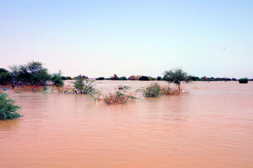  Wilayah yang tergenang air Sungai Nil di area al-Kalakla, selatan Khartoum, Sudan, 29 Agustus 2020.