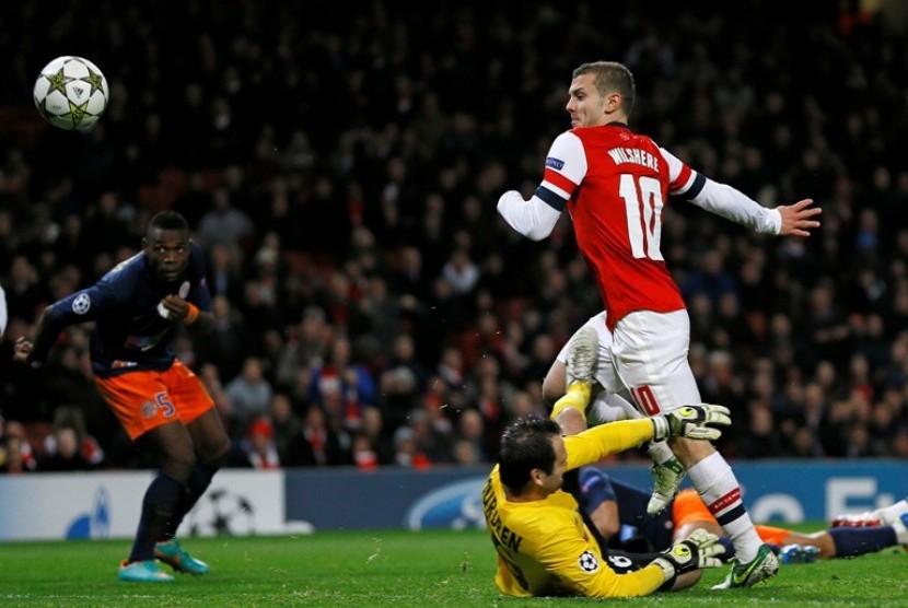 Wilshere mencetak gol perdana Arsenal saat melawan Montpellier 2-0 dalam lanjutan Liga Champions Kamis (22/11) dini hari