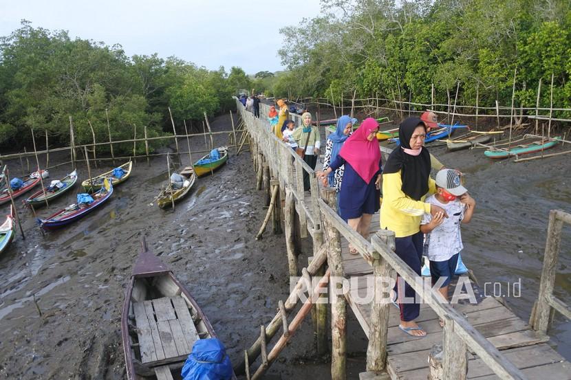 Wisatawan berkunjung ke Wisata Mangrove Bedul Desa Sumberasri, Purwoharjo, Banyuwangi, Jawa Timur, Sabtu (17/10/2020). Wisatawan memilih tempat wisata alam yang sepi pengunjung sebagai alternatif destinasi wisata di masa pandemi COVID-19.