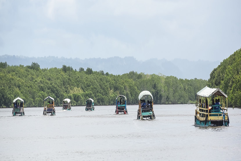 Wisatawan menaiki perahu menyusuri sungai di Mangrove Bedul, Taman Nasional Alas Purwo, Banyuwangi, Jawa Timur, Sabtu (9/1).