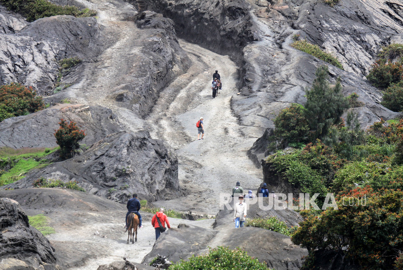 Gunung Bromo Ditutup Sementara dari Wisatawan. Wisatawan mendaki ke kawah Gunung Bromo di Ke3camatan Sukapura, Probolinggo, Jawa Timur.