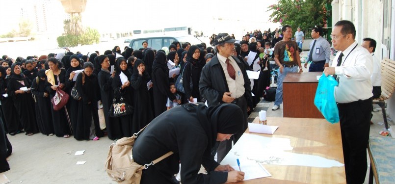 WNI overstayer (WNIO) melakukan pendataan di Madinatul Hujjaj, Jeddah, Arab Saudi.