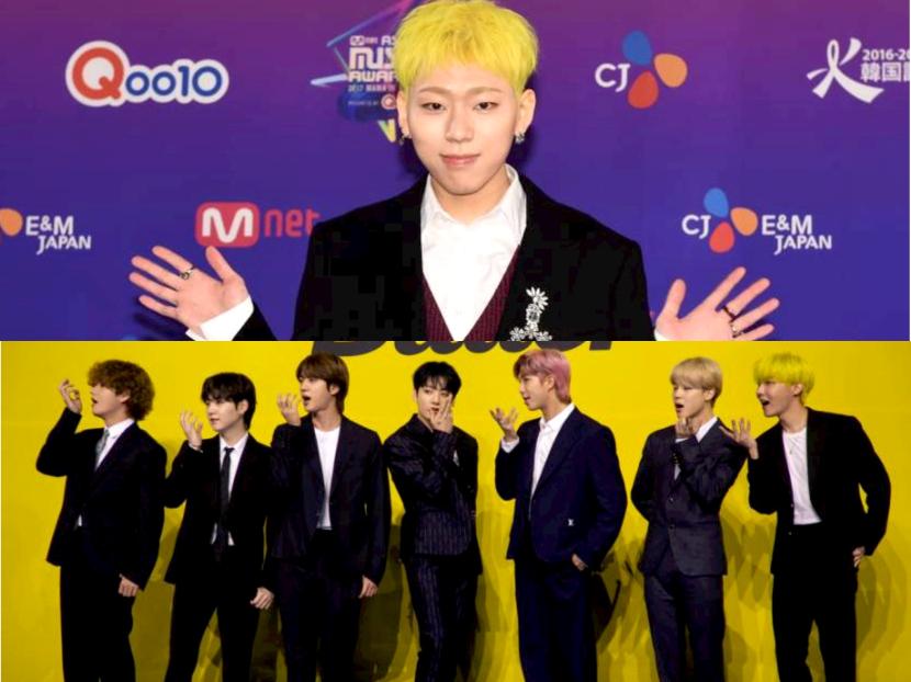Zico (atas) dan BTS (bawah). Zico mengungkapkan perasaannya tentang kolaborasi Block B yang kontroversial dengan grup BTS di acara MAMA Awards 2015. 