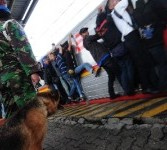 Petugas POM TNI membawa anjing pelacak di sebuah stasiun. Ilustrasi.