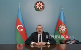 Azerbaijani President Ilham Aliyev delivers his speech to Azeri people following the Azeri military operation in Nagorno-Karabakh, in Baku, Azerbaijan, 20 September 2023. Aliyev said that as a result of local anti-terrorist measures in the Karabakh region of the country, Azerbaijan has restored its sovereignty. The President of Azerbaijan added that a significant part of the army, which was illegally stationed by the Armenian state on Azerbaijani territories and had not yet been withdrawn despite the obligations of Armenia, was destroyed along with military equipment.  