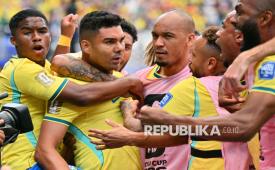Pemain timnas Brasil Casemiro melakukan selebrasi seusai mencetak gol ke gawang Jepang dalam pertandingan babak 32 besar Piala Dunia FIFA 2026 di Houston, AS, Senin (29/6/2026) waktu setempat. Brasil mengalahkan Jepang dengan skor 2-1. Jepang unggul lebih dulu lewat Kaishu Sano pada menit ke-29. Brasil membalas lewat sundulan kepala Casemiro di menit ke-56. Gol kemenangan Brasil dicetak Gabriel Martinelli di menit 96 masa injury time.