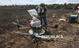 Pekerja menuangkan benih padi di drone untuk ditebar saat tanam perdana di lokasi cetak sawah rakyat (CSR) di kawasan Bati-Bati, Tanah Laut, Kalimantan Selatan, Selasa (12/8/2025). Penanaman padi menggunakan teknologi modern di lokasi cetak sawah rakyat itu guna mempercepat program swasembada pangan nasional. 