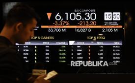 Pekerja berjalan di dekat layar digital pergerakan Indeks Harga Saham Gabungan (IHSG) di Bursa Efek Indonesia (BEI), Jakarta, Kamis (21/5/2026). IHSG ditutup melemah ke level 6.094,94 pada perdagangan Kamis (21/5) terkoreksi 223,56 atau sebesar 3,54 persen. 