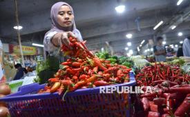 Pedagang sayur merapikan cabai rawit di Pasar Kosambi, Kota Bandung.
