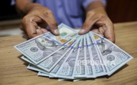 Petugas menunjukan uang dollar AS.