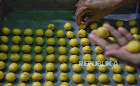 Pekerja menyelesaikan pembuatan kue kering di industri rumahan Butter Cokies Pusaka Kwitang, Jakarta, Senin (25/3/2024). Momen Lebaran identik dengan beragam hidangan khas seperti opor, rendang, gulai, hingga aneka kue dan minuman manis. 