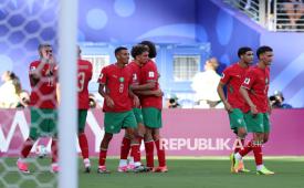 Pemain timnas Maroko Ismael Saibari melakukan selebrasi bersama rekan timnya seusai mencetak gol ke gawang Brasil dalam pertandingan babak penyisihan Grup C Piala Dunia FIFA 2026 di East Rutherford, New Jersey, AS, Sabtu (13/6/2026) waktu setempat. Brasil bermain imbang 1-1 dengan Maroko. Maroko unggul lebih dahulu melalui gol Ismail Saibari di menit ke-21. Brasil berhasil menyamakan kedudukan lewat gol Vinicius Junior pada menit ke-32.
