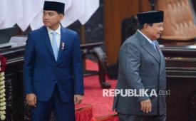 Presiden RI Prabowo Subianto bersama Wakil Presiden Gibran Rakabuming Raka di Gedung Nusantara, Kompleks Parlemen, Senayan, Jakarta Pusat, Jumat (14/8/2026).
