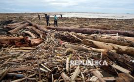 Sejumlah warga berjalan di antara potongan kayu gelondongan yang bertumpuk di pantai Air Tawar, Padang, Sumatera Barat, Jumat (28/11/2025). Sampah kayu gelondongan itu menumpuk di sepanjang pantai Padang pasca banjir bandang beberapa hari terakhir.  
