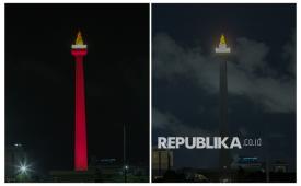 Foto kolase suasana pemadaman lampu pada Monumen Nasional (Monas)  saat pelaksanaan Hari Bumi (kanan) dan sebelum dilaksanakan (kiri) di kawasan Monas, Jakarta Pusat, Sabtu (25/4/2026).