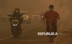 Pengendara melintas di Jalan Tjilik Riwut yang diselimuti asap kebakaran hutan dan lahan (karhutla) di Palangka Raya, Kalimantan Tengah, Sabtu (24/10/2026). 