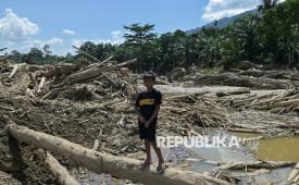 Ank bermain di tumpukan kayu yang terbawa arus banjir bandang menutupi sebagian jalan di Desa Batu Bedulang, Aceh Tamiang. (ilustrasi)