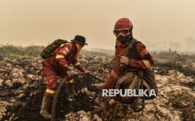 Petugas Manggala Agni Daops Sumatera XII Muara Tebo menarik selang usai memadamkan api yang membakar lahan penyangga Taman Hutan Raya (Tahura) Orang Kayo Hitam (OKH), Desa Gedong Karya, Muaro Jambi, Jambi, Senin (19/10/2026). Sebanyak 92 personel Manggala Agni Kemenhut dari Provinsi Jambi, Pekanbaru dan Dumai, serta beberapa petugas tim satgas karhutla Jambi melakukan pemadaman di tujuh titik api di dalam kawasan dan sekitar Tahura OKH dan Taman Nasional Berbak Sembilang (TNBS) yang meliputi sejumlah desa di Kabupaten Muaro Jambi dan Tanjung Jabung Timur. 