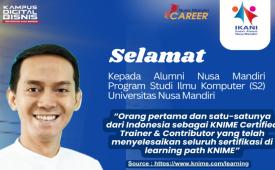  Universitas Nusa Mandiri (UNM) dengan bangga mengumumkan bahwa salah satu alumninya, Arief Rama Syarif  telah telah menjadi  orang pertama dan satu-satunya dari Indonesia sebagai KNIME Certified Trainer & Contributor. 