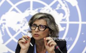 Francesca Albanese, Pelapor Khusus tentang situasi hak asasi manusia di wilayah Palestina berbicara di markas besar PBB Eropa di Jenewa, Swiss, 11 Juli 2023.