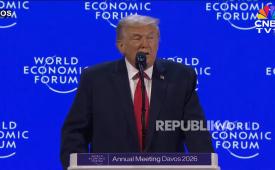 Presiden Amerika Serikat (AS) Donald John Trump saat berbicara World Economic Forum di Davos, Swiss, Rabu (21/1/2026) waktu setempat.