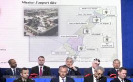 Pusat-pusat komando Pasukan Stabilisasi Internasional di Gaza ditampilkan dalam pertemuan Dewan Perdamaian di Institut Perdamaian AS di Washington, AS, 19 Februari 2026. 