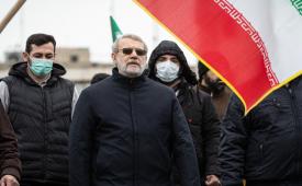 Sekretaris Dewan Keamanan Nasional Ali Larijani mengikuti pawai Hari al-Quds di Teheran, Jumat (13/3/2026).