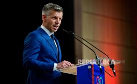 Perdana menteri terpilih Hongaria Péter Magyar berpidato di Hongaria, April 2026.