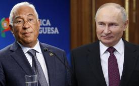 Kolase foto Presiden Dewan Eropa Antonio Costa dan Presiden Rusia Vladimir Putin