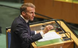 Presiden Prancis Emmanuel Macron berbicara dalam Debat Umum sesi ke-81 Majelis Umum Perserikatan Bangsa-Bangsa (PBB) di Markas Besar PBB di New York, New York, AS, 22 September 2026. 