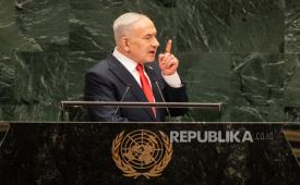 Perdana Menteri Israel Benjamin Netanyahu berbicara dalam Debat Umum sesi ke-81 Majelis Umum Perserikatan Bangsa-Bangsa (UNGA) di Markas Besar PBB di New York, New York, AS, 24 September 2026. 