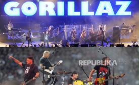 Band Gorillaz (atas) dan Band Metallica (bawah). Ada perbedaan kontras antara vokalis Gorillaz Damon Albarn dan vokalis Metallica James Hetfield ketika memaknai fungsi panggung konser. 