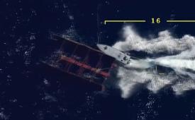 Kondisi kapal nirawak kamikaze Pirana buatan Turki dekati sasaran sebelum tercerai berai.