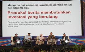 Para narasumber membahas perlindungan hak ekonomi karya jurnalistik dan pemanfaatan konten di era AI dalam Indonesia Digital Media Conference 2026 di Surabaya.