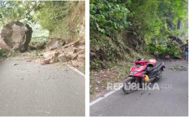 Dua pengendara motor tertimpa material batu berdiameter 1,5 meter yang longsor dari sebuah tebing di Ponorogo, Jawa Timur, Ahad (22/6/2025).
