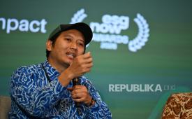 Founder & CEO Waste4Change Mohamad Bijaksana Junerosano dalam acara ESG NOW Forum & Awards 2026 yang digelar REPUBLIKA di Hotel Borobudur, Jakarta, Senin (19/10/2026). 