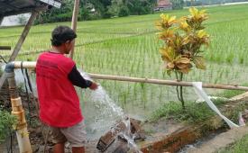 Ketua Kelompok Tani Sukabungah Desa Tambakbaya Kabupaten Lebak Ruhiana mencoba pompa dari bantuan Kementerian Pertanian mengaliri areal persawahan seluas 50 hektare dengan menyedot sumber air permukaan Sungai Ciujung.