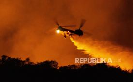 Sebuah helikopter menjatuhkan air di Palisades Fire di Mandeville Canyon, Sabtu, 11 Januari 2025, di Los Angeles.