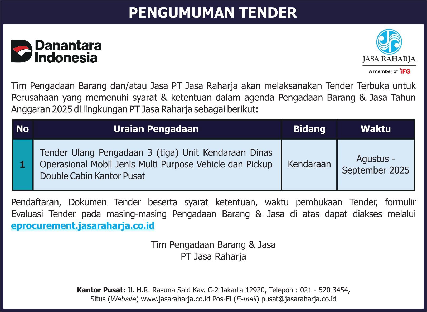 tender terbuka jasaraharja 26 agustus 2025