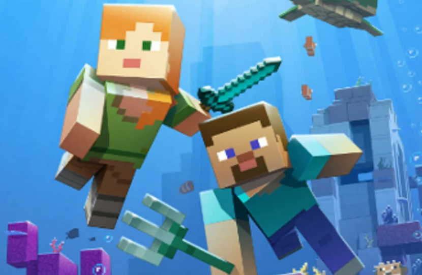 Steve sedang memegang senjata trident. Senjata jarak dekat/jauh di Game Minecraft 1.19. Foto: touchtapplay