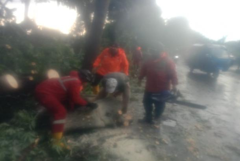 Petugas bersama warga membersihkan pohon tumbang dan menimpa pengendara sepeda motor di Kuningan. (Dok. Republika)