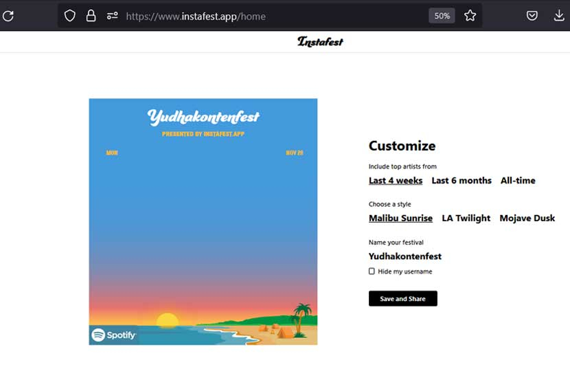 Tampilan laman opsi desain dan playlist di instafest.app