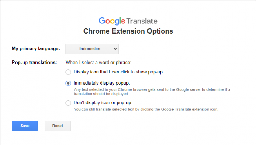 Google Chrome. Menyetel bahasa di Google Translate Extension. Foto: Tangkapan layar.