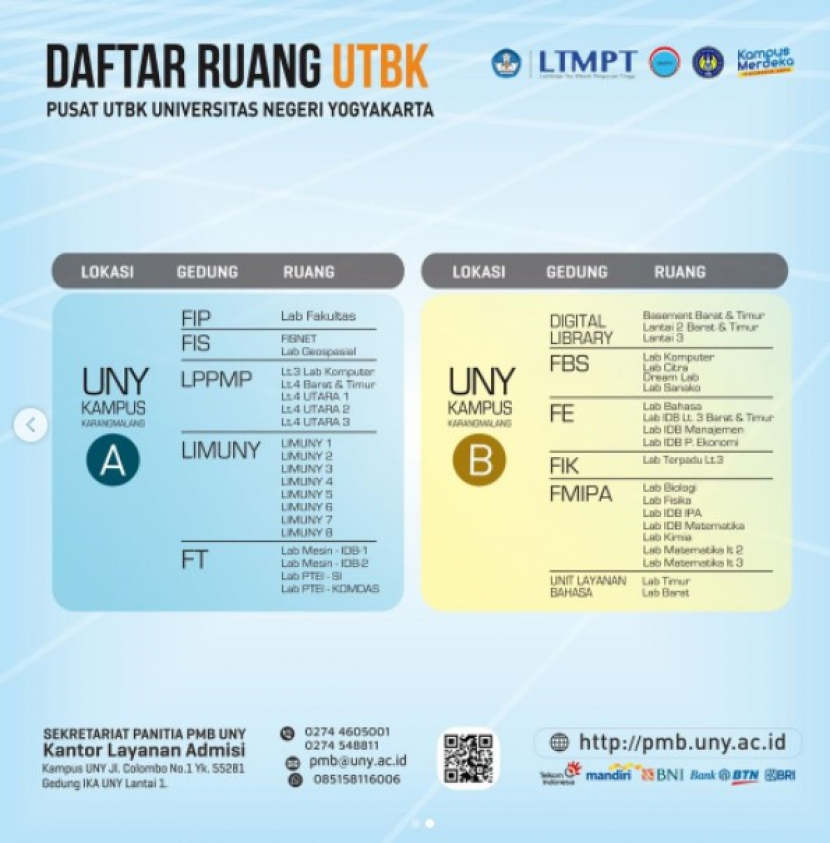 Daftar ruang UTBK 2022 di Kampus UNY Karangmalang, Yogyakarta. Foto : IG @unyofficial