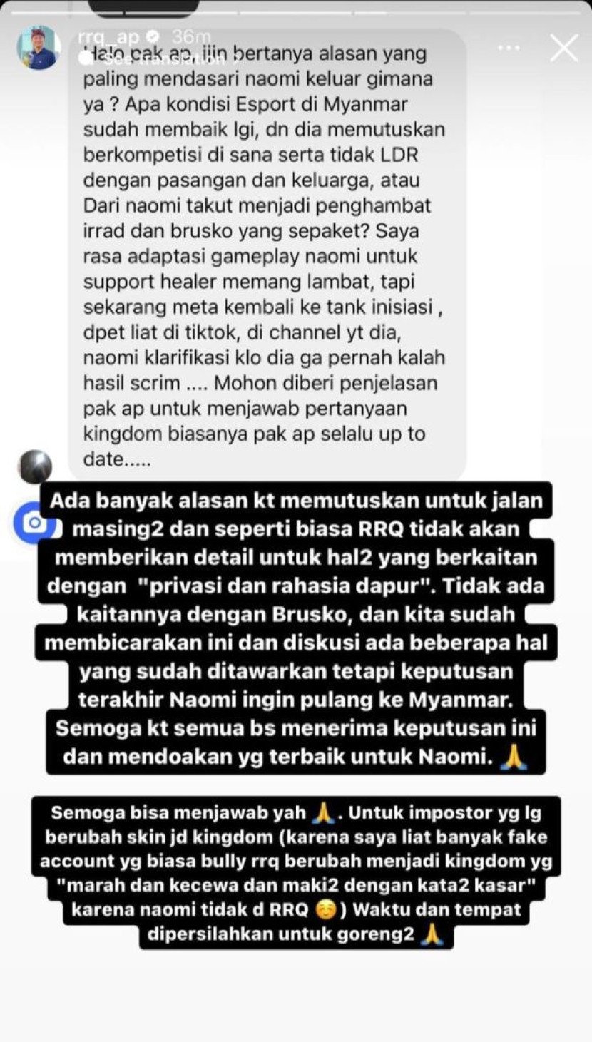 Komentar RRQ AP mengenai farewellnya Naomi (sumber) Chat Instagram pribadi milik RRQ AP